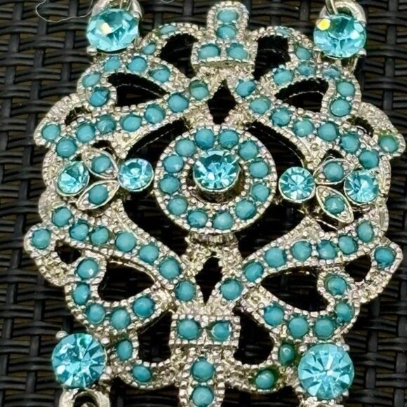 Vintage VCLM Victorian Style Silver Tone Bracelet, Blue Crystals, Faux Turquoise - Picture 4 of 9